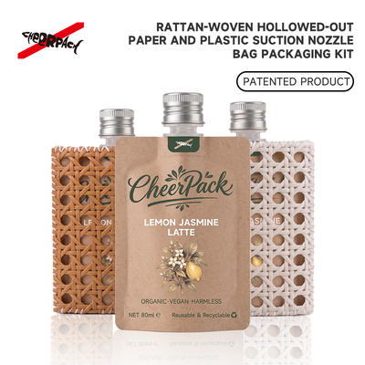 Kualitas  Reusable Rattan Woven Spout Pouch with Aluminum Cap | CheerPack Patented 100ml rattan-woven hollow-out spout pouch with reusable Sleeve and aluminum screw cap. Eco cosmetic packaging, OEM/ODM welcome. pabrik