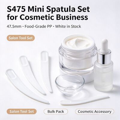 S475 47.5mm Food-Grade PP Cosmetic Spatula. Putih In-Stock Grosir. Untuk ekstraksi & menerapkan krim wajah, sempurna untuk salon kecantikan & aksesoris toples kosmetik. grosir tersedia.